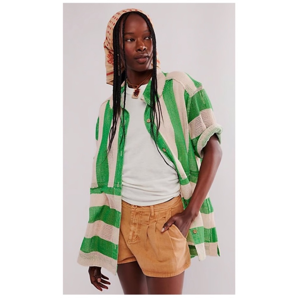 76-Free People We The Free Del Mar Mesh Stripe Cabana Shirt Green Combo